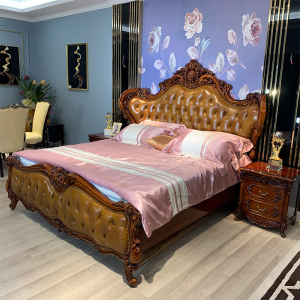欧式主卧双人床 豪华实木雕花大床美式别墅奢华橡木1.8米宫廷婚床