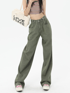 绿色高腰阔腿牛仔裤女宽松垂感2024春装新款显瘦拖地设计感长裤子