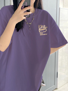 短袖正肩紫色纯棉t恤女夏季2024年新款卡通印花宽松半袖体恤上衣