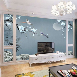 中式电视背景墙墙布客厅2024新款壁布现代简约花鸟影视墙壁画墙纸