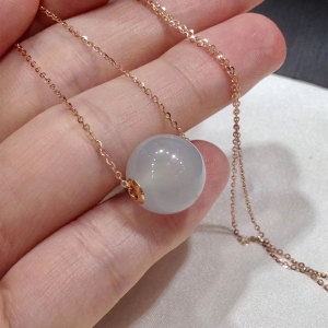 缅甸玉石天然翡翠a货冰糯种白珠子18k金镶嵌锁骨链项链吊坠圆珠女