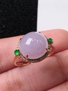 天然a货缅甸翡翠18k金钻镶嵌冰种紫罗兰鸽子蛋女款式玉石蛋面戒指