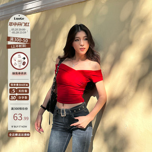 罗哥的羊毛卷 2024春夏季美式辣妹修身红色方领短袖T恤热辣上衣女