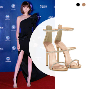 唐嫣同款鞋一字带高跟凉鞋女水钻细跟凉鞋时尚宴会性感夜店仙女鞋