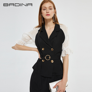 芭蒂娜2019夏装新款女灯笼短袖黑白拼色V领收腰气质西装两件