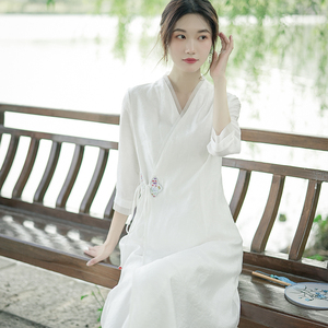 禅意女装中国风改良汉服仙气文艺修身长裙白色新中式茶服连衣裙女