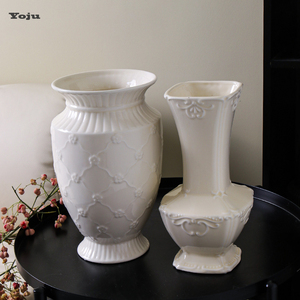 YOJU欧式复古陶瓷花瓶白色奶油风客厅插花摆件样板房浮雕装饰花器
