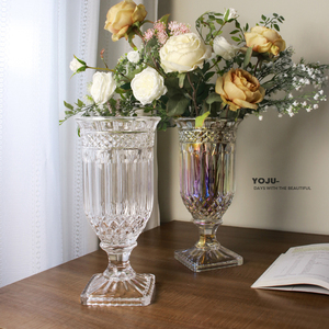 复古欧式透明高脚大号花瓶客厅玻璃插花摆件轻奢水养鲜花花瓶餐桌