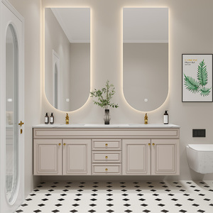 法式奶油风实木轻奢浴室柜组合智能双盆吊柜洗漱台卫生间洗脸盆柜