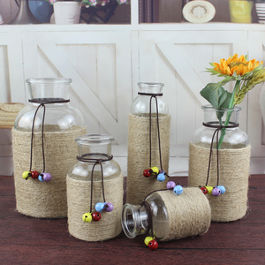 幼儿园手工制作diy创意麻绳玻璃花瓶成品带铃铛摆件干花插花器