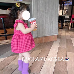 韩国童装女童夏装格子连衣裙女宝宝多巴胺枚粉色背心裙儿童吊带裙