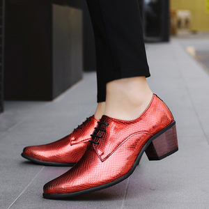 红色高跟鞋男夜场ktv潮流男鞋增高6cm男士结婚皮鞋商务休闲粗跟鞋