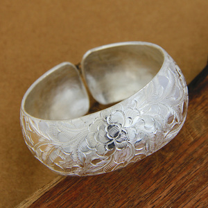 牡丹 原创手工银手镯999纯银手镯云南雪花银宽面足银镯子定做女款