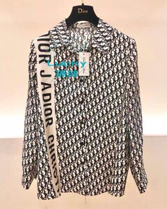 dior/迪奥 22新款 老花真丝满字母印花拼接条纹衬衫衬衣外套男 女