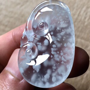 结缘-天然翡翠a货玻璃种木那飘雪花棉大如意吊坠暴风雪收藏级精品