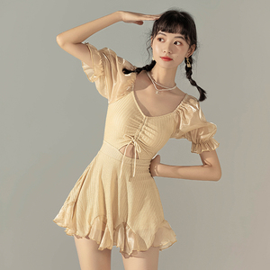张昕爱连体裙式游泳衣泡泡袖可爱少女显瘦遮肚夏季泳衣女2022新款