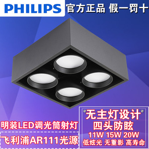 飞利浦LED光源明装4头装吸顶斗胆豆胆射灯方形盒子灯AR111可调光