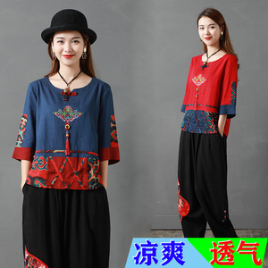 妈妈夏装苎棉麻刺绣洋气减龄套装中年轻女士民族风亚麻大码两件套