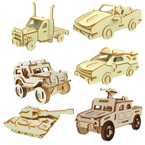 木质手工拼装车模型3D立体拼图 儿童益智玩具涂色积木吉普车跑车
