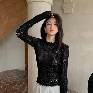 黑色蕾丝镂空冰丝针织衫女夏薄款设计感防晒罩衫长袖修身性感上衣