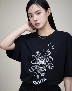 韩系美人 2023夏季新款Flower印花半袖T恤韩版宽松通勤休闲上衣女