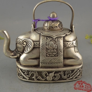 古玩古董铜器收藏 白铜黄铜镀银 铜酒壶水壶 吉祥八宝壶 大象茶壶