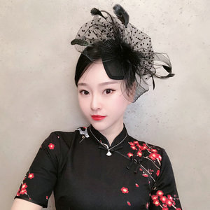 复古旗袍头饰配饰走秀晚宴礼服民国夜上海网纱小礼帽女主播发饰黑