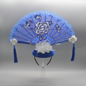 复古民族国风青花瓷清代旗袍秀发箍头饰舞台模特创意造型夸张发饰