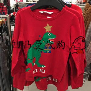 HM童装专柜正品代购2022春男童男孩圣诞节恐龙卡通棉质针织衫毛衣