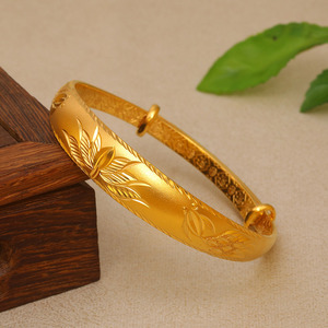 9999黄金手镯妈妈款长寿花朵活口扁款金镯子百搭24k纯金包银实心