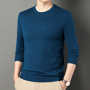 中年纯色春秋针织衫长袖t恤男圆领羊毛薄款毛衣时尚打底小衫男装t