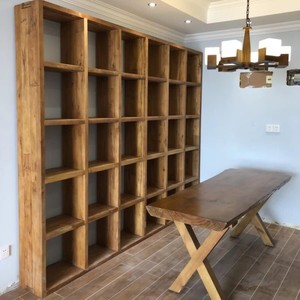 定制实木书架满墙书柜 隔断吊柜 胡桃木老榆木松木格子架 定做