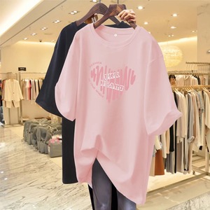 粉色t恤女夏季短袖2024年新款爱心纯棉中长款宽松欧货体恤衣服ins