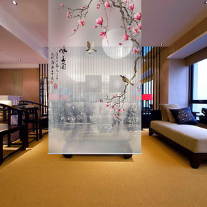 定制新中式卷帘定制花鸟图案客厅软隔断拉帘挂帘悬挂画布遮阳半透