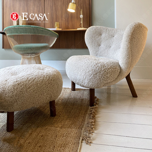 億家居 丹麦INS中古风客厅实木单人沙发设计师卧室羊羔绒毛休闲椅