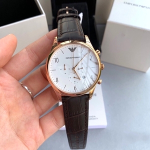 正品armani阿玛尼男表ar1916时尚棕皮带超薄三眼计时男士石英手表