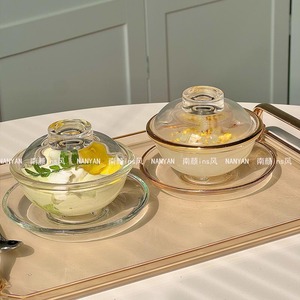燕窝盅带盖玻璃碗点心甜品碗套装碗透明家用中式碗碟套装金边耐热