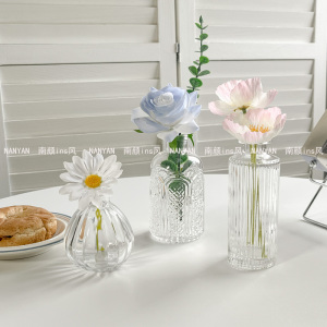 法式ins风玻璃迷你小花瓶 浮雕复古透明水培插花花瓶客厅桌面摆件