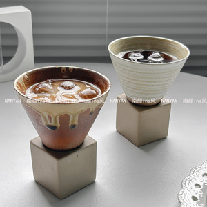 日式手工做旧粗陶美式咖啡杯复古创意陶瓷漏斗状拿铁拉花杯水杯子