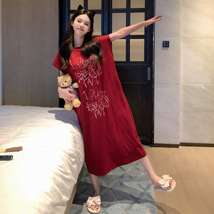新年本命年红色睡裙女夏季纯棉带胸垫韩版短袖大码中长家居服睡衣