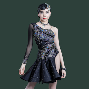 少儿拉丁舞演出服女2022年新款高端花服比赛服成人斜肩恰恰艺考服