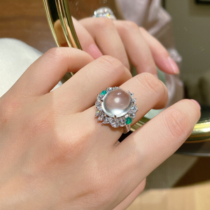 天然水沫玉戒指女轻奢高级感纯银新中式国风白冰蛋面玻璃种围镶钻