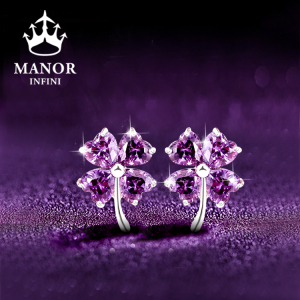 2022四叶草紫色水晶高级感耳钉女士纯银2021年新款潮气质耳环耳饰