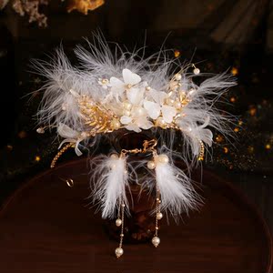 韩式仙美皇冠森系新娘羽毛灵动头饰优雅金色唯美花朵气质婚纱头饰