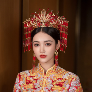 红色头饰大气凤冠珠串流苏圆冠古装秀禾写真结婚新娘中式婚礼发饰