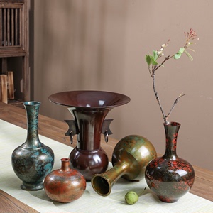日本回流铜瓶铜花瓶池坊花道插花器皿御日式禅意茶席摆设中式花器