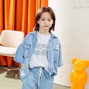 金贝贝韩国进口童装代购 2022春季ilovej薄款中大童短袖牛仔衬衫