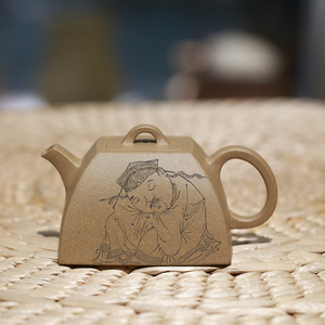 宜兴陶刻名家紫砂壶张重庆眠云四方壶原矿黄龙山段泥全手工小品壶