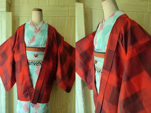 美品 日本女士和服外套 红黑格纹 正绢紬羽织 和枫馆