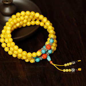 天然鸡油黄蜜蜡手串7-7.5mm108佛珠配天然绿松石手链 多宝款